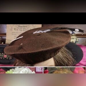 Vintage Brown Wool Hat - Wide Brim Beret w Feather & Pin Antique 1920s
